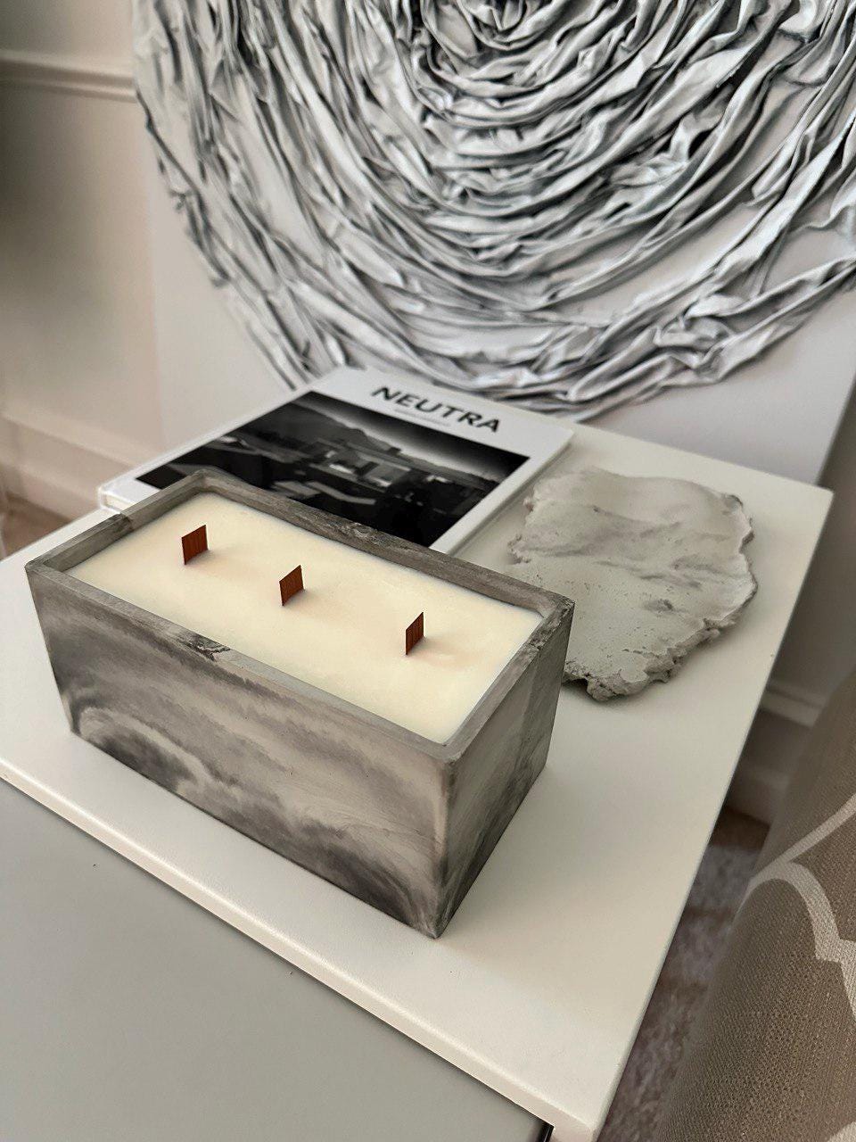 Handmade Concrete Soy Candle: Natural Wood Wick, Minimalist Decor