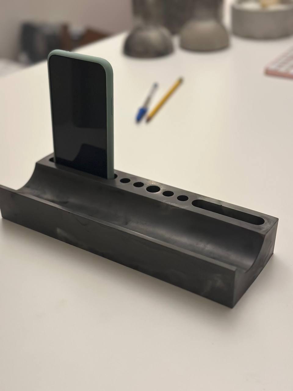 Concrete Desk Organizer: Modern Minimalist Office Decor, Pen & Phone Holder