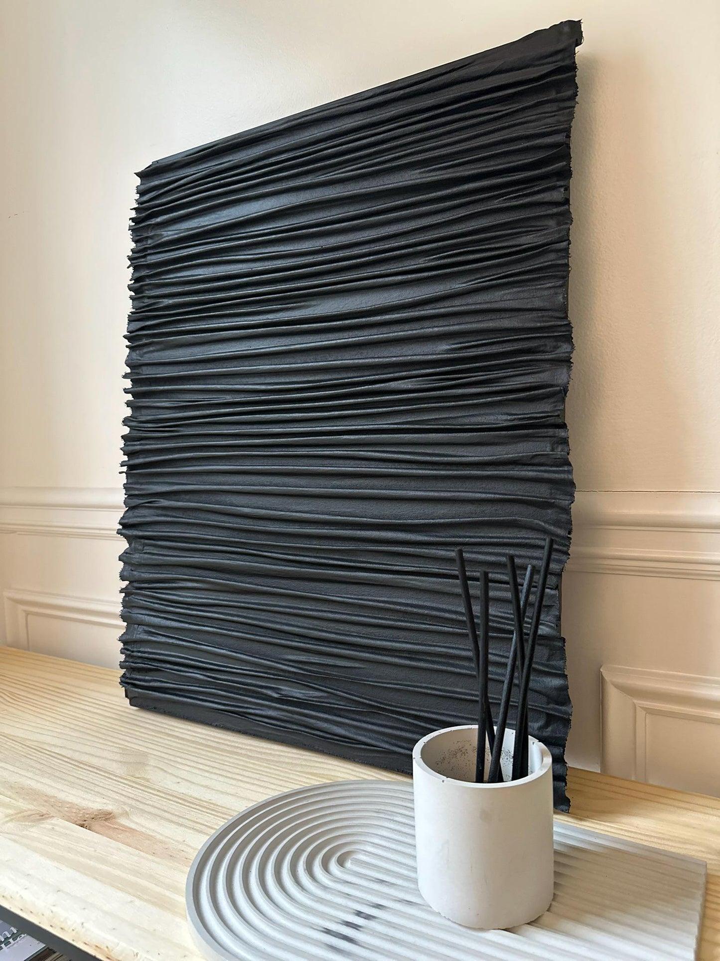 Textured Plaster Wall Sculpture: Black Abstract Art on Wood