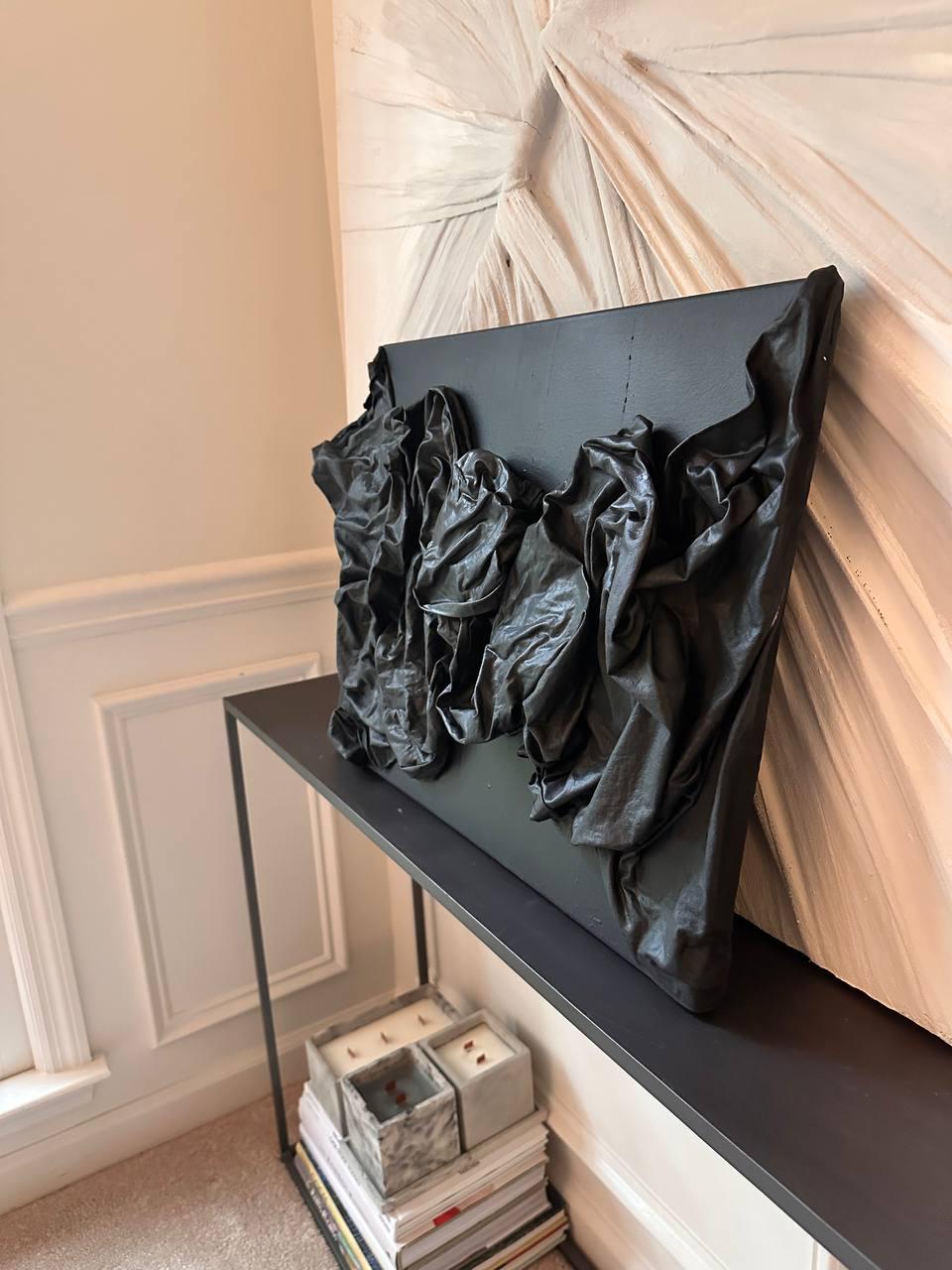 Handmade abstract fabric wall art, modern textured canvas sculpture, minimalist black statement artwork, unique textile home decor