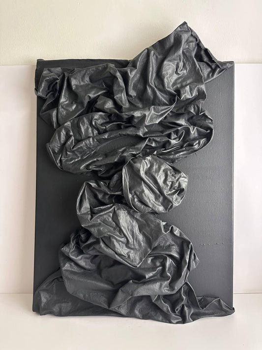 Handmade abstract fabric wall art, modern textured canvas sculpture, minimalist black statement artwork, unique textile home decor