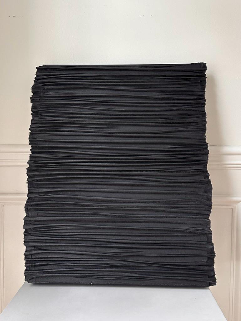 Textured Plaster Wall Sculpture: Black Abstract Art on Wood