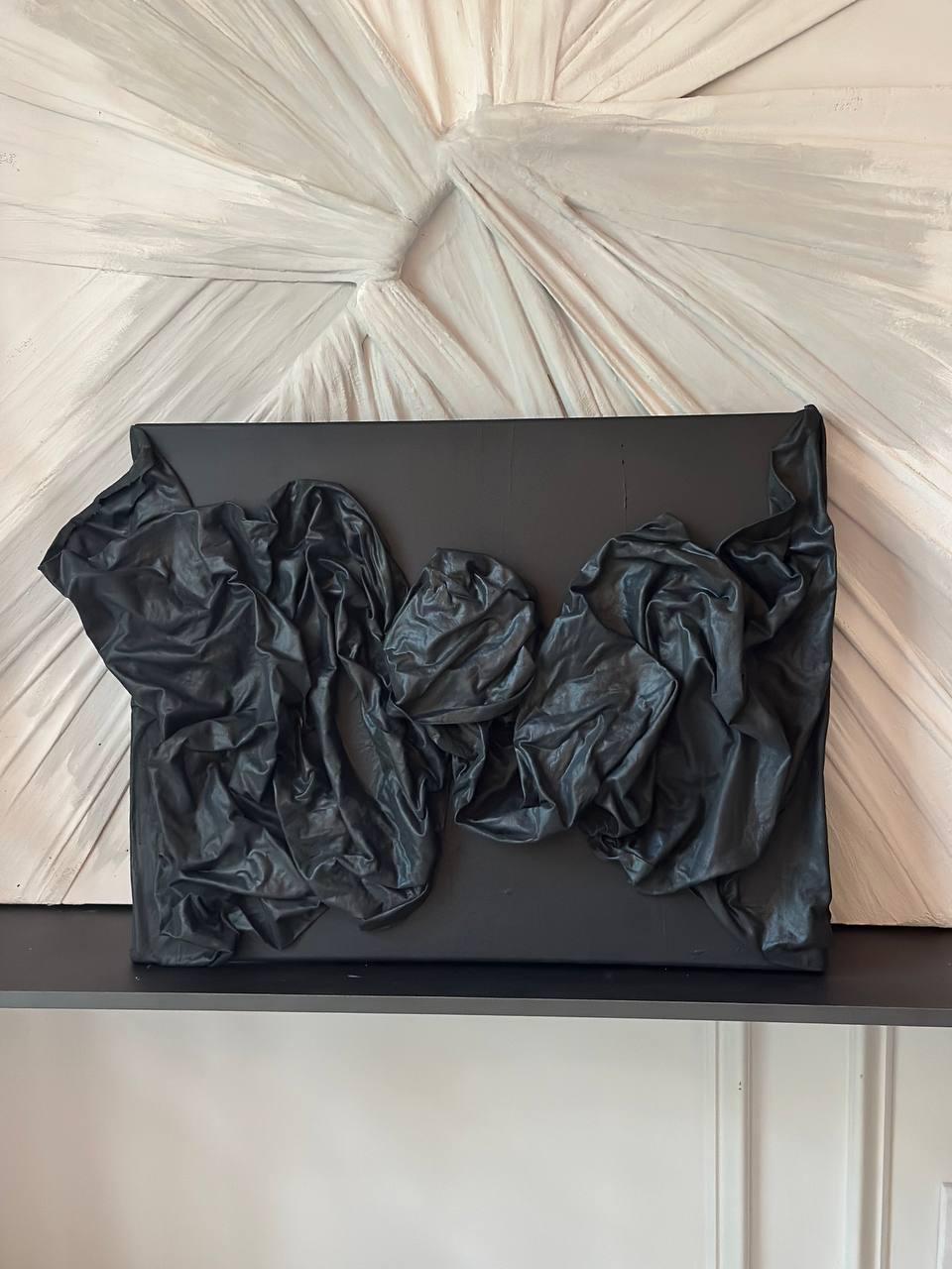 Handmade abstract fabric wall art, modern textured canvas sculpture, minimalist black statement artwork, unique textile home decor