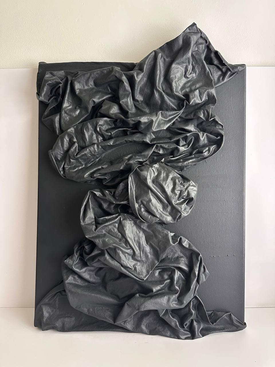 Handmade abstract fabric wall art, modern textured canvas sculpture, minimalist black statement artwork, unique textile home decor